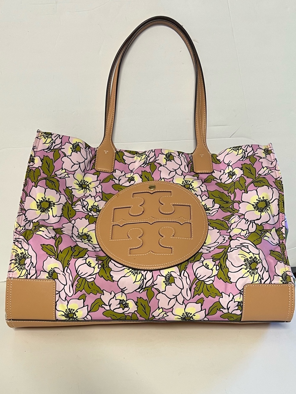 Tory Burch Pink Floral Tote with Tan Leather Trim